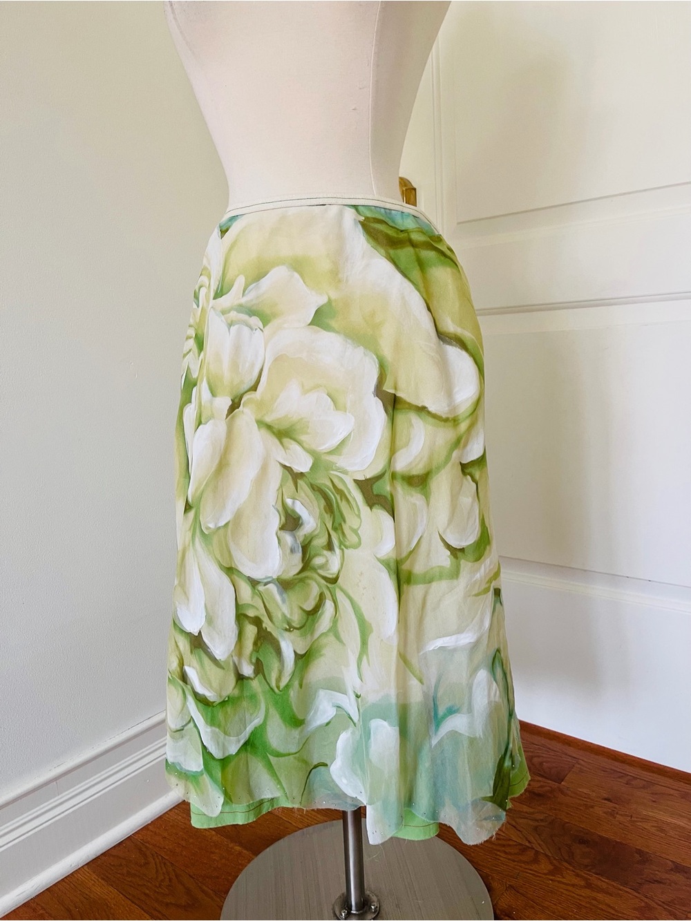 Rozae Nichols Green and White Floral A-Line Skirt